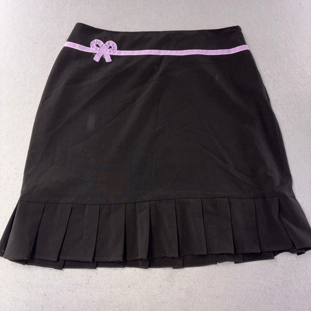 Larry Levine Y2K Pleated Mini Skirt  10 Black Purple Ribbon Bow Trim Stretch